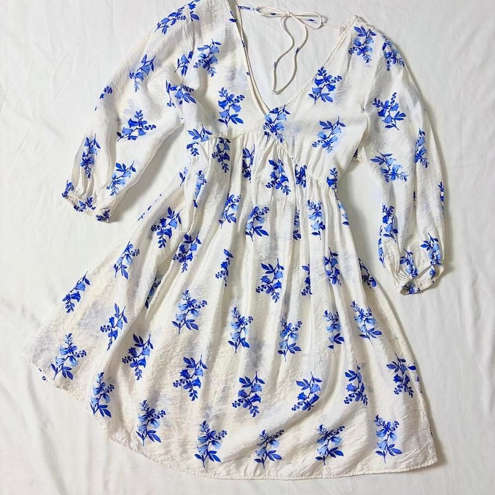 H&M Women's White Sheer Satin Mini Dress with Blue Floral Print
